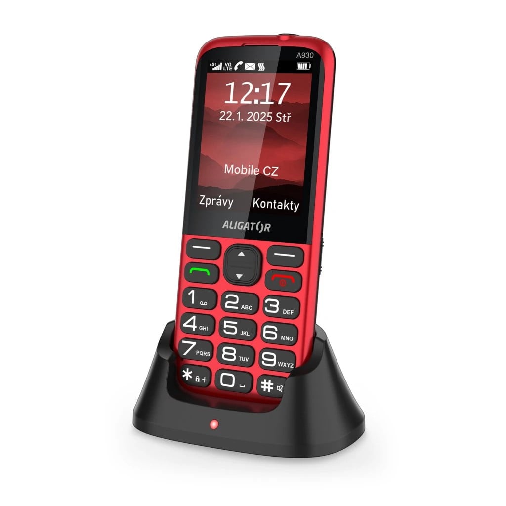 ALIGATOR A930 GPS 4G Senior červený + nabíjací stojan