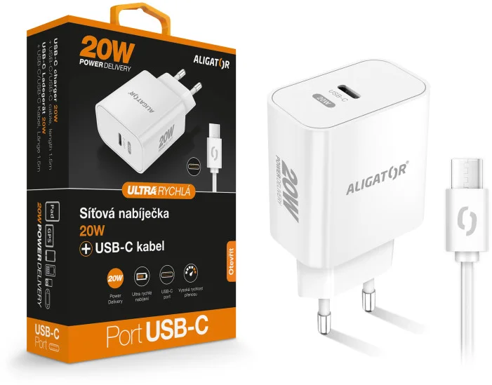 ALIGATOR PD 20W rýchlonabíjačka USB-C, kábel USB-C/USB-C, biela