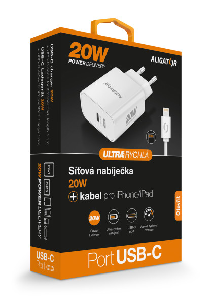 ALIGATOR PD 20W rýchlonabíjačka USB-C s káblom USB-C/Lightning (iPhone), biela