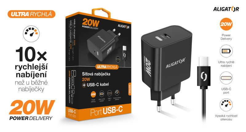 ALIGATOR PD 20W rýchlonabíjačka USB-C, USB-C/USB-C, čierna