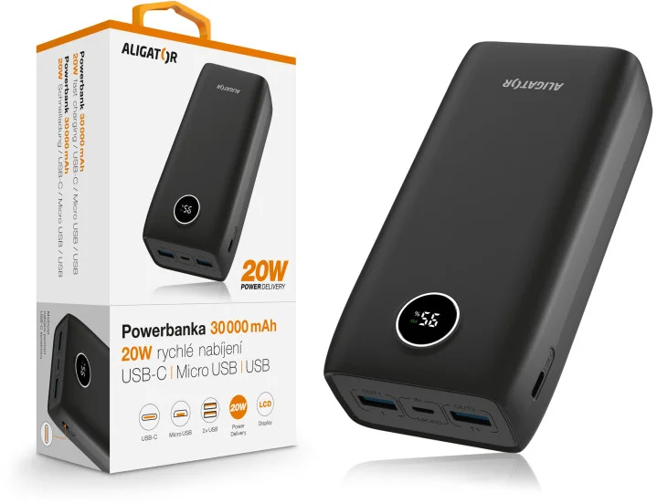 ALIGATOR Power Delivery 20W, 30 000 mAh, čierna