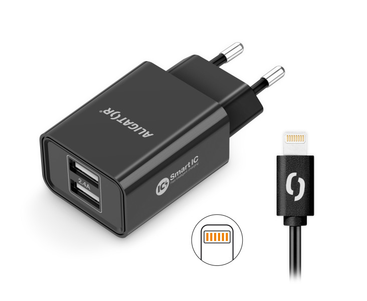 ALIGATOR sieťová nabíjačka iPhone/iPad 2xUSB výst.2,4A, smart IC,čierna