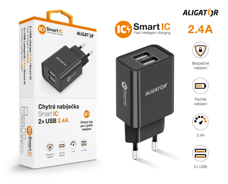 ALIGATOR síťová nabíječka s 2xUSB výstupem, 2,4A, smart IC, černá