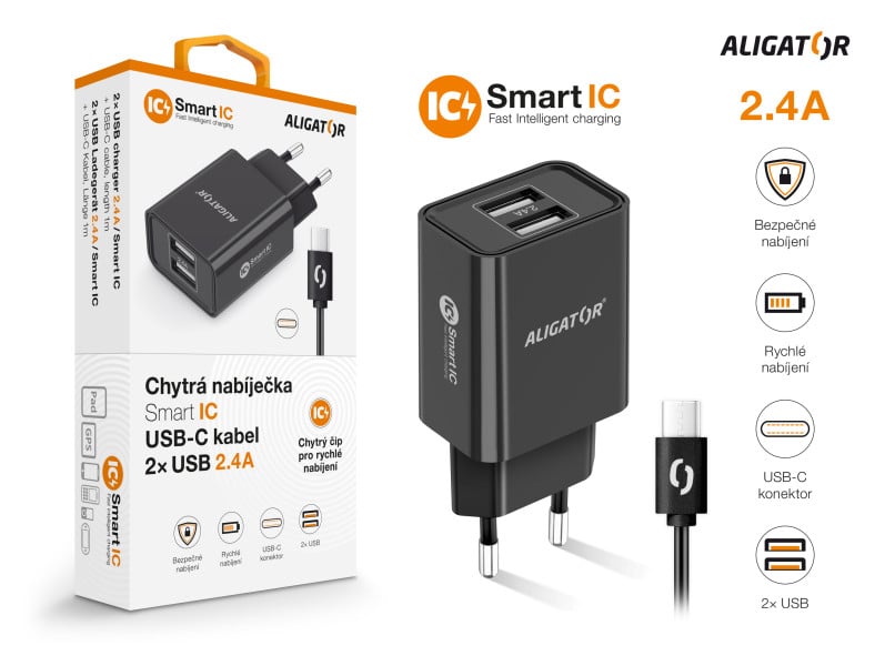 ALIGATOR síťová nabíječka USB-C 2xUSB výstup, 2,4A, smart IC, černá