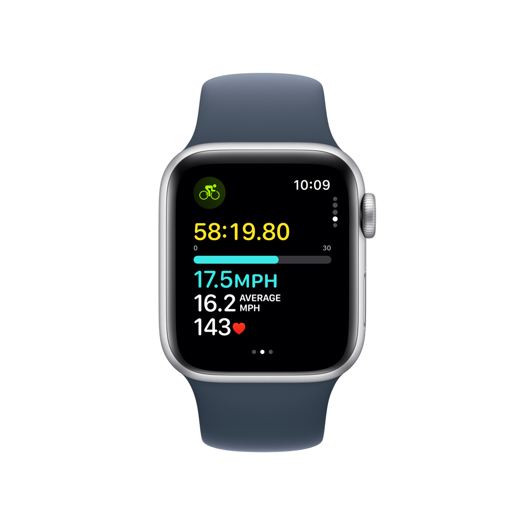 Apple Watch SE 40mm Stříbrný hliník s bouřkově modrým sportovním řemínkem - M/L