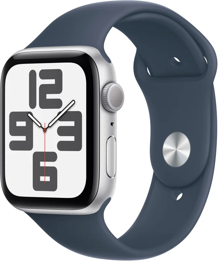 Apple Watch SE Cellular 44 mm Strieborný hliník s búrkovo modrým športovým remienkom - S/M