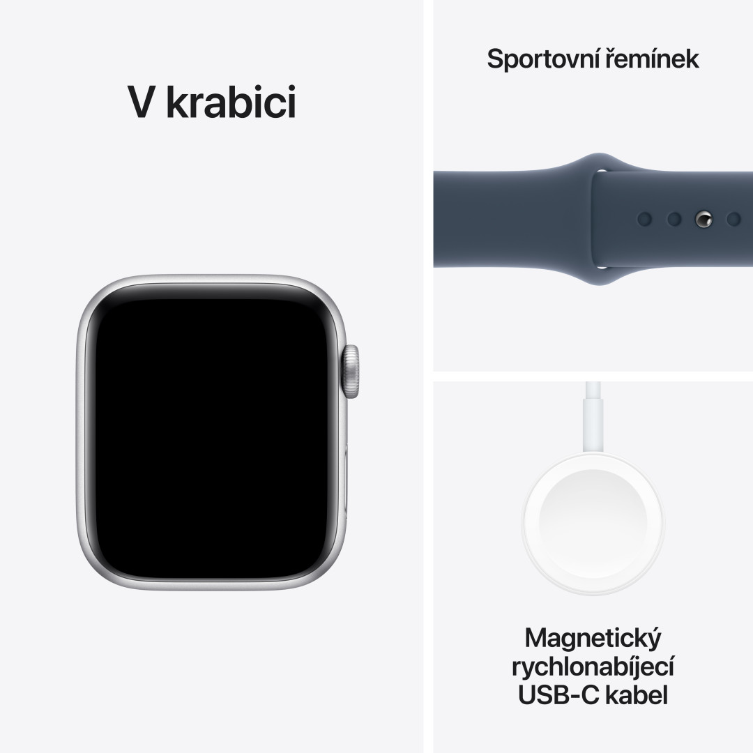 Apple Watch SE Cellular 44mm Stříbrný hliník s bouřkově modrým sportovním řemínkem - S/M