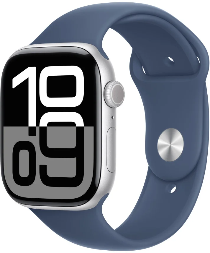 Apple Watch Series 10 GPS + Cellular 42mm Silver Aluminium Case with Denim Sport Band - M/L (MWX43QC/A)
