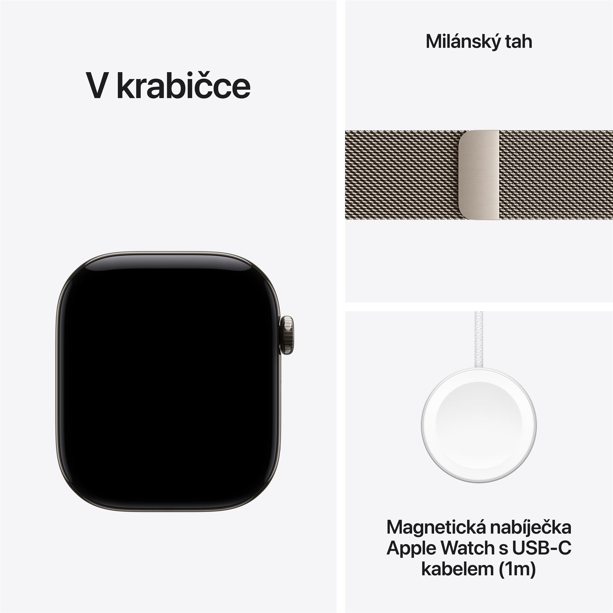 Apple Watch Series 12 GPS + Cellular 46 mm s puzdrom z prírodného titánu a prírodným milánskym remienkom – S/M