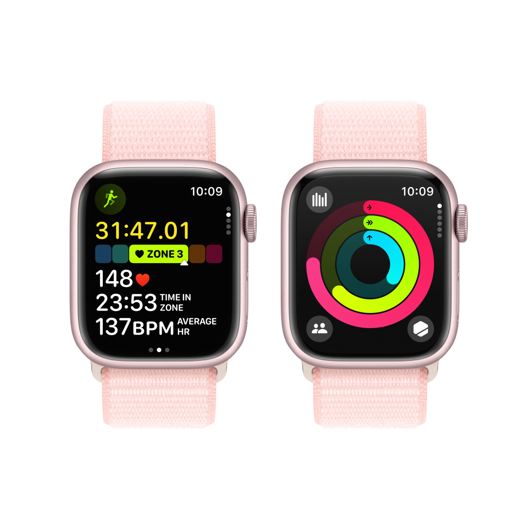 Apple Watch Series 9 41mm Cellular Růžový hliník se světle růžovým provlékacím sportovním řemínkem