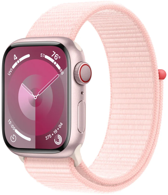 Apple Watch Series 9 41mm Cellular Růžový hliník se světle růžovým provlékacím sportovním řemínkem