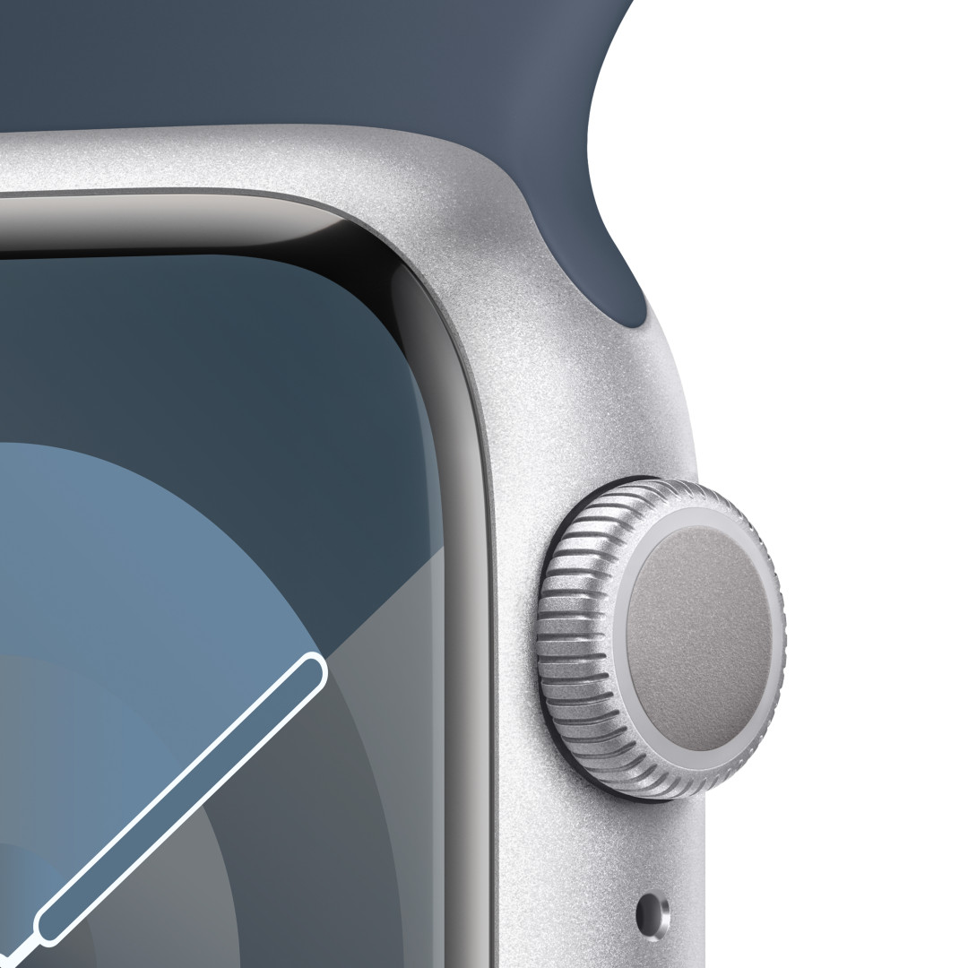 Apple Watch Series 9 41mm Stříbrný hliník s ledově modrým sportovním řemínkem -M/L