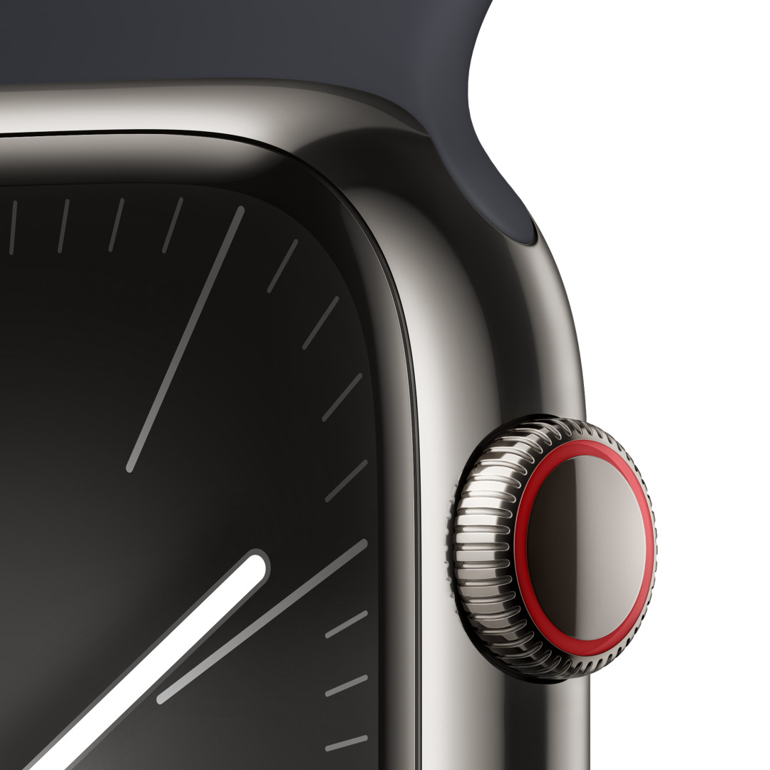 Apple Watch Series 9 45 mm Cellular Graphite Grey z nehrdzavejúcej ocele s tmavým atramentovým športovým remienkom - M/L