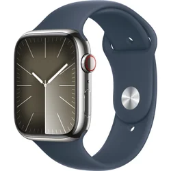 Apple Watch Series 9 45 mm Cellular Silver z nehrdzavejúcej ocele s ľadovo modrým športovým remienkom - M/L