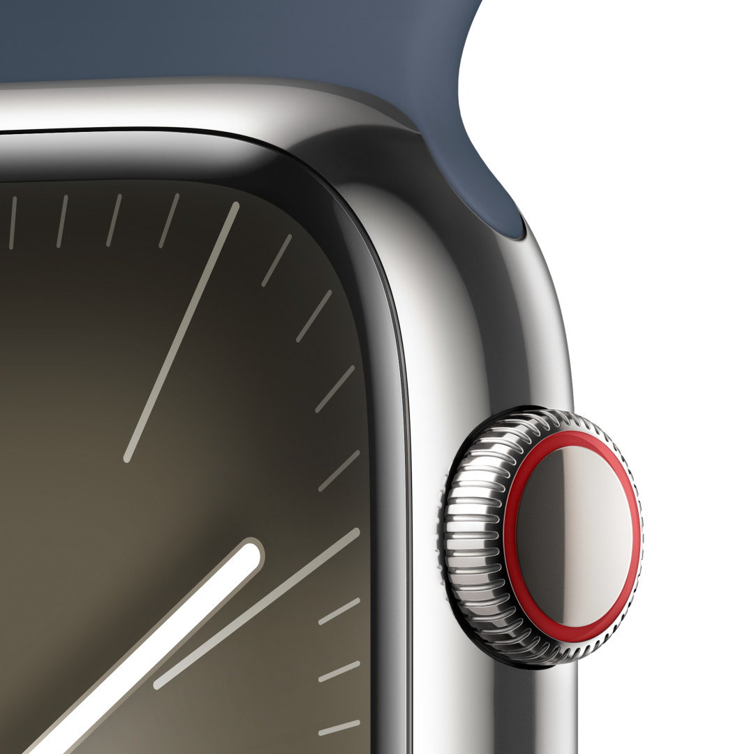 Apple Watch Series 9 45 mm Cellular Silver z nehrdzavejúcej ocele s ľadovo modrým športovým remienkom - S/M