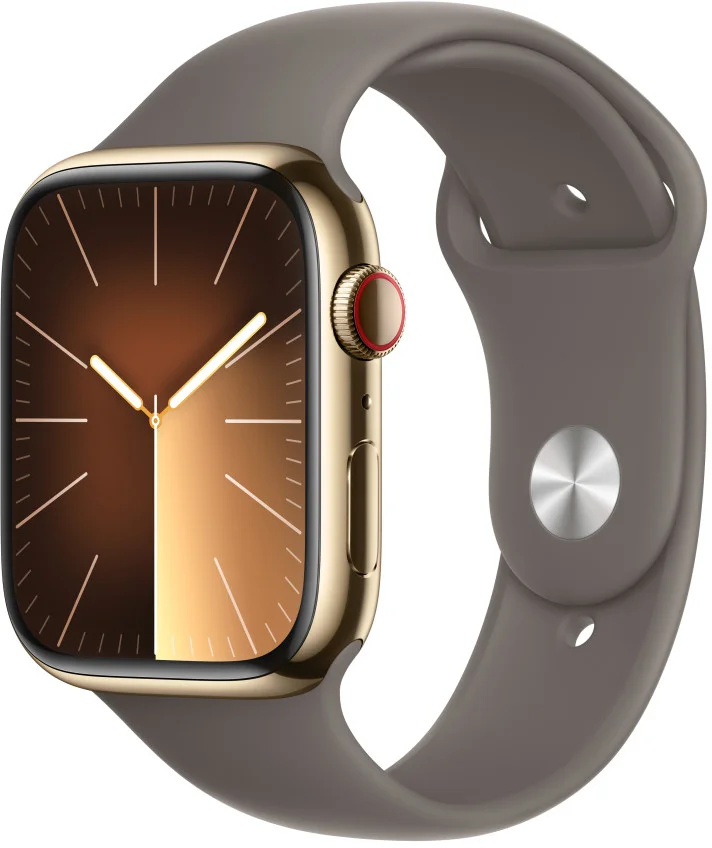 Apple Watch Series 9 45 mm Cellular z nehrdzavejúcej ocele so zlatým športovým remienkom - M/L