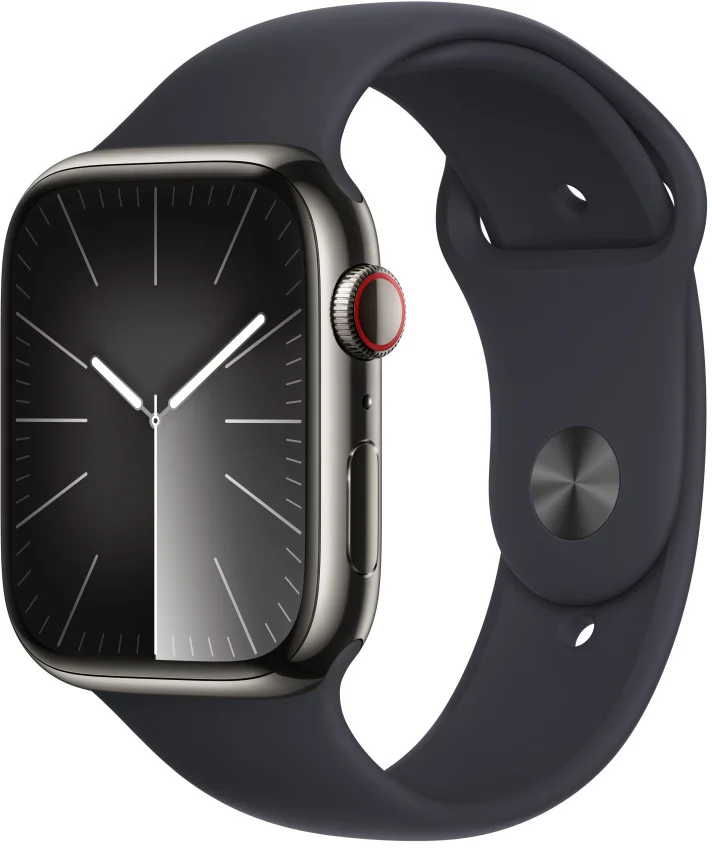 Apple Watch Series 9 45mm Cellular Grafitově šedý nerez s temně inkoustovým sportovním řemínkem - M/L