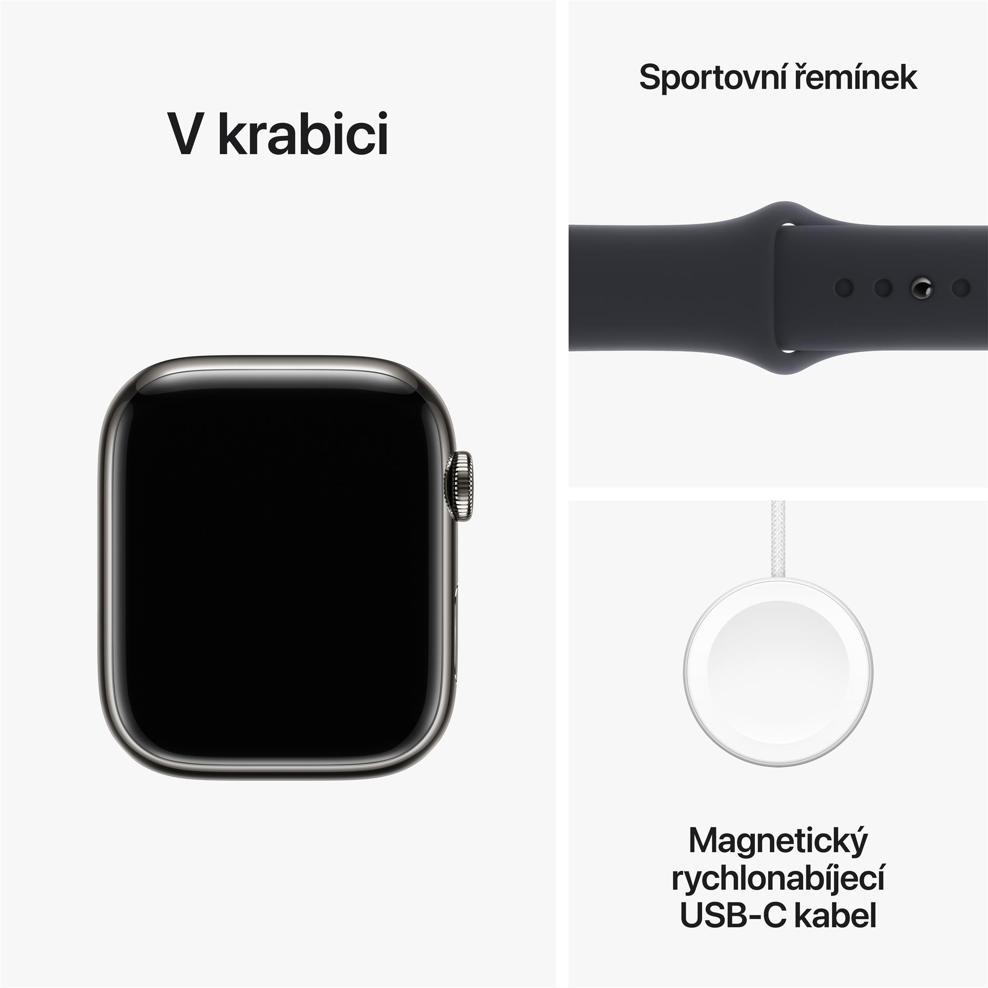 Apple Watch Series 9 45mm Cellular Grafitově šedý nerez s temně inkoustovým sportovním řemínkem - S/M