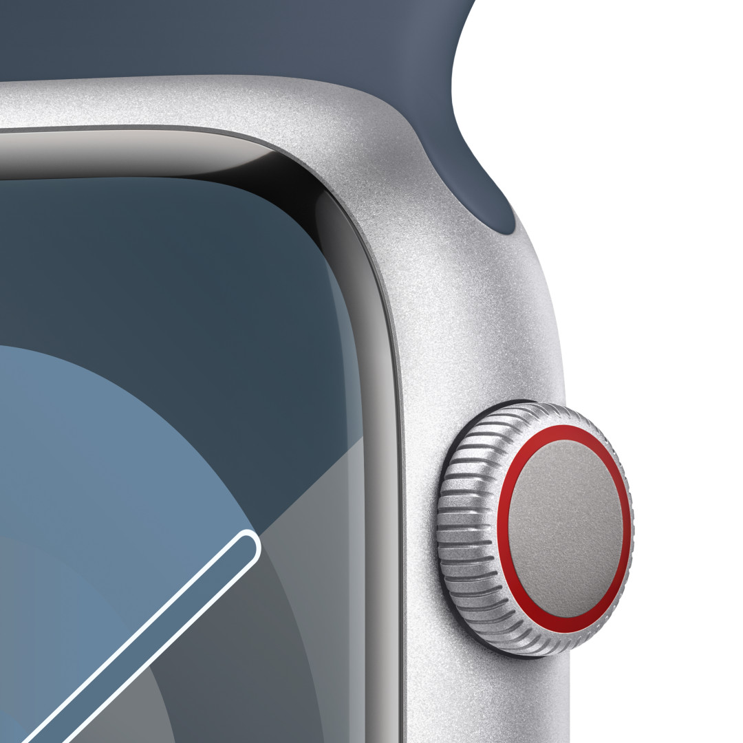 Apple Watch Series 9 45mm Cellular Stříbrný hliník s ledově modrým sportovním řemínkem - M/L