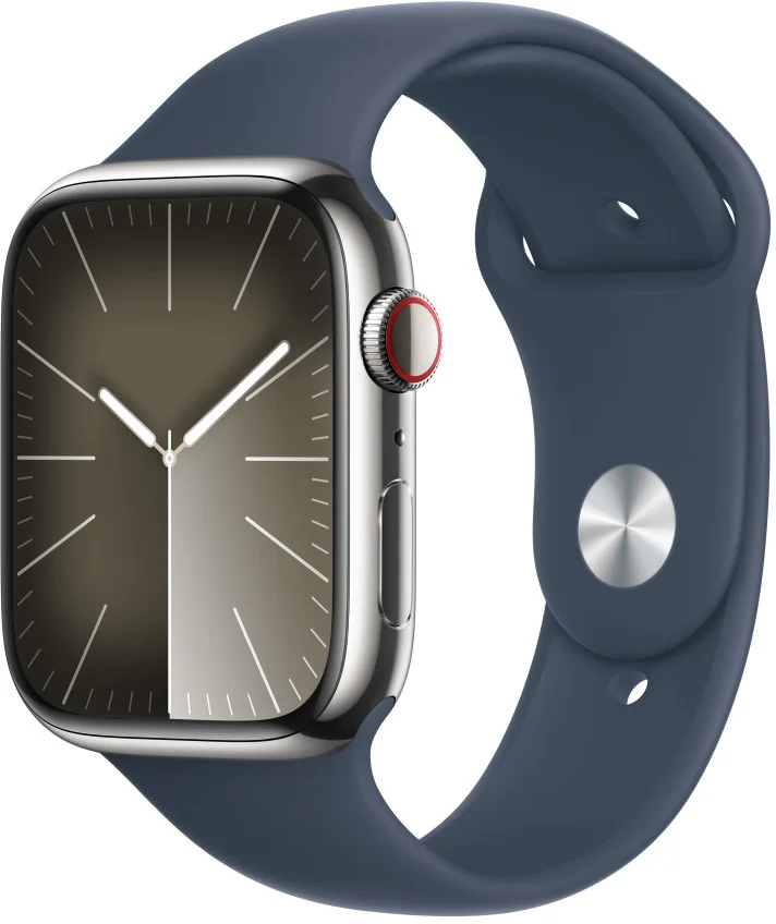 Apple Watch Series 9 45mm Cellular Stříbrný nerez s ledově modrým sportovním řemínkem - M/L