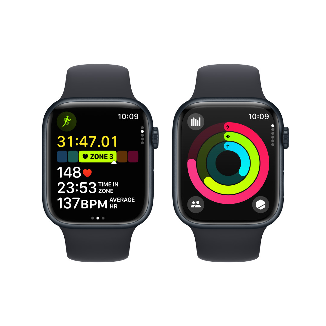 Apple Watch Series 9 45mm Cellular Temně inkoustový hliník s temně inkoustovým sportovním řemínkem -S/M