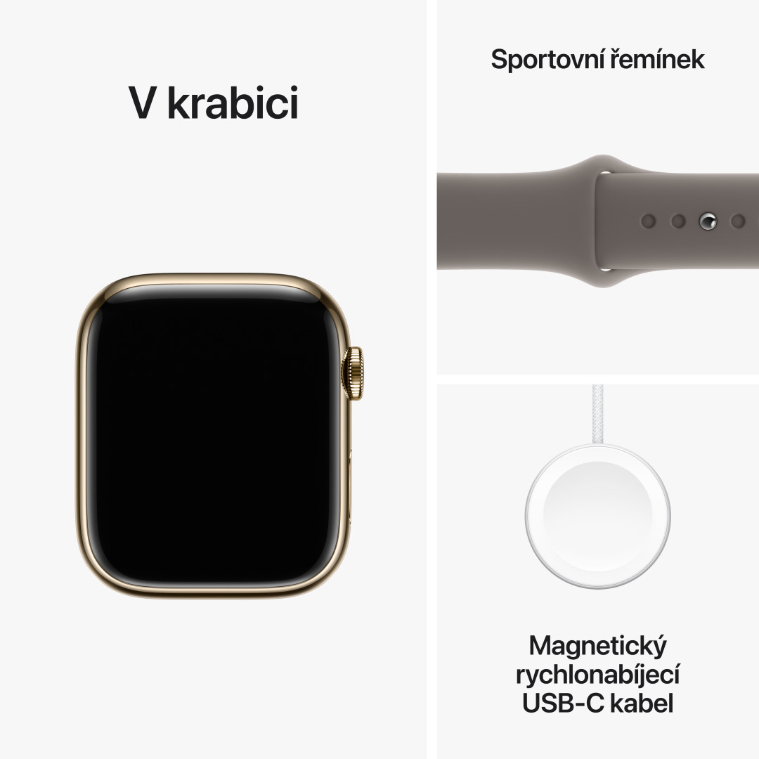 Apple Watch Series 9 45mm Cellular Zlatý nerez s jílově šedým sportovním řemínkem - M/L