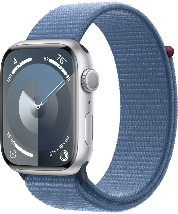 Apple Watch Series 9 45mm Stříbrný hliník s ledově modrým provlékacím sportovním řemínkem