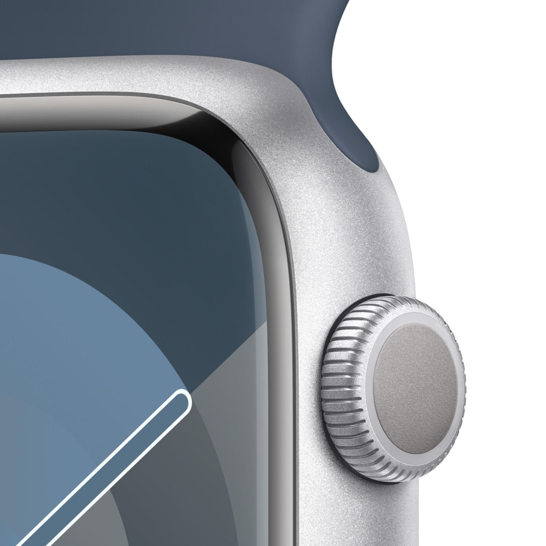Apple Watch Series 9 45mm Stříbrný hliník s ledově modrým sportovním řemínkem - S/M