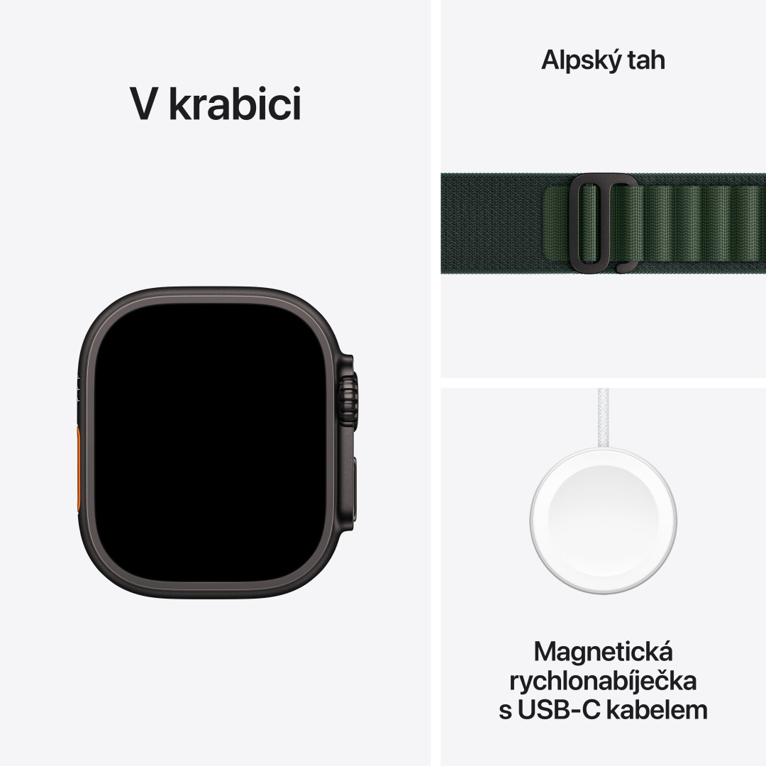 Apple Watch Ultra 2 GPS + Cellular 49 mm čierne titánové puzdro s tmavozelenou alpskou slučkou - stredné (MX4R3CS/A)