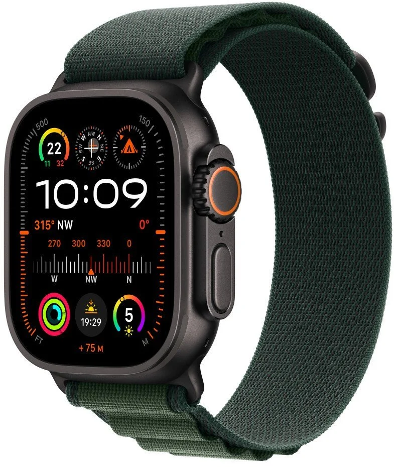 Apple Watch Ultra 2 GPS + Cellular 49 mm čierne titánové puzdro s tmavozelenou alpskou slučkou - stredné (MX4R3CS/A)