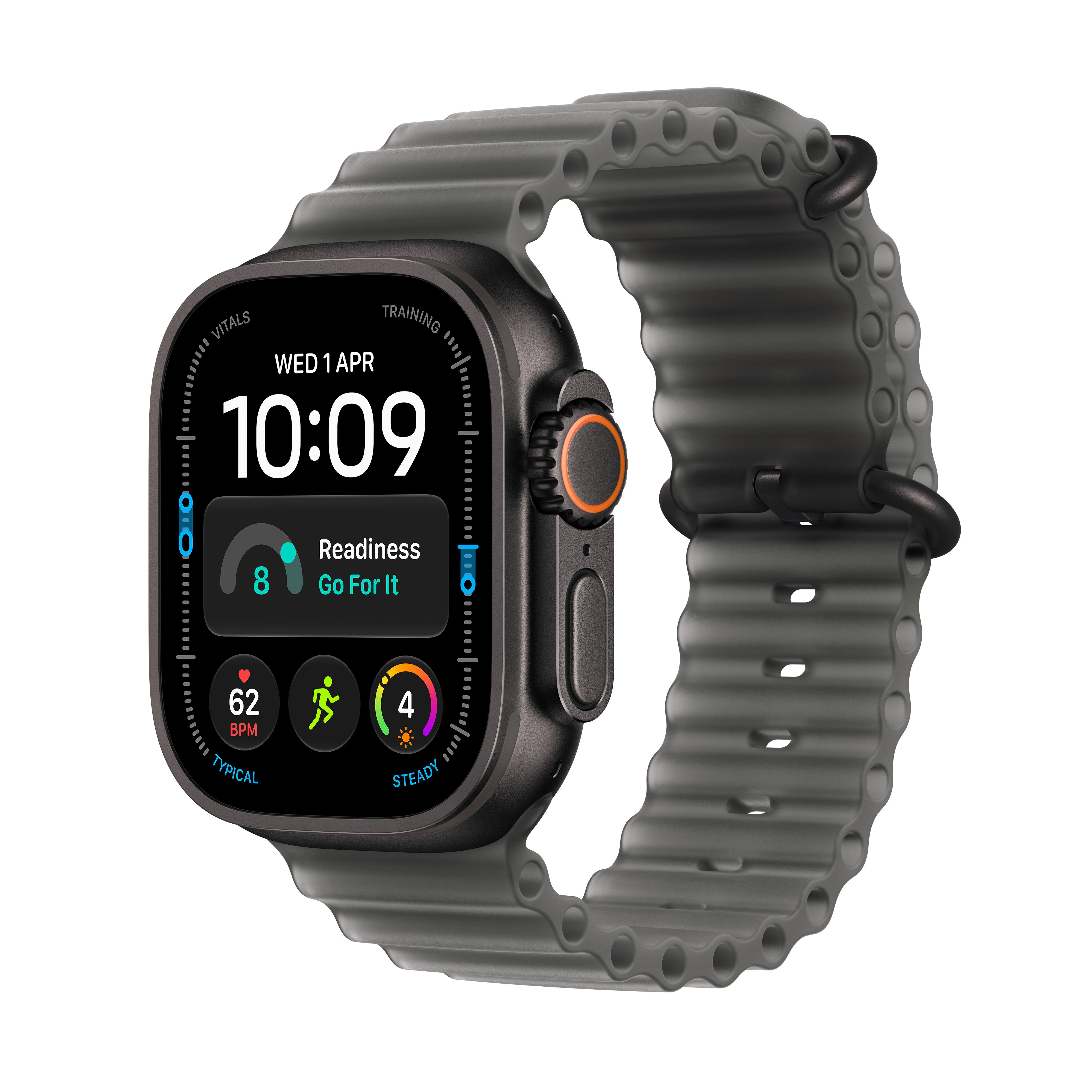 Apple Watch Ultra 4 GPS + Cellular 49 mm, čierne titánové puzdro s priehľadným čiernym remienkom Ocean Band
