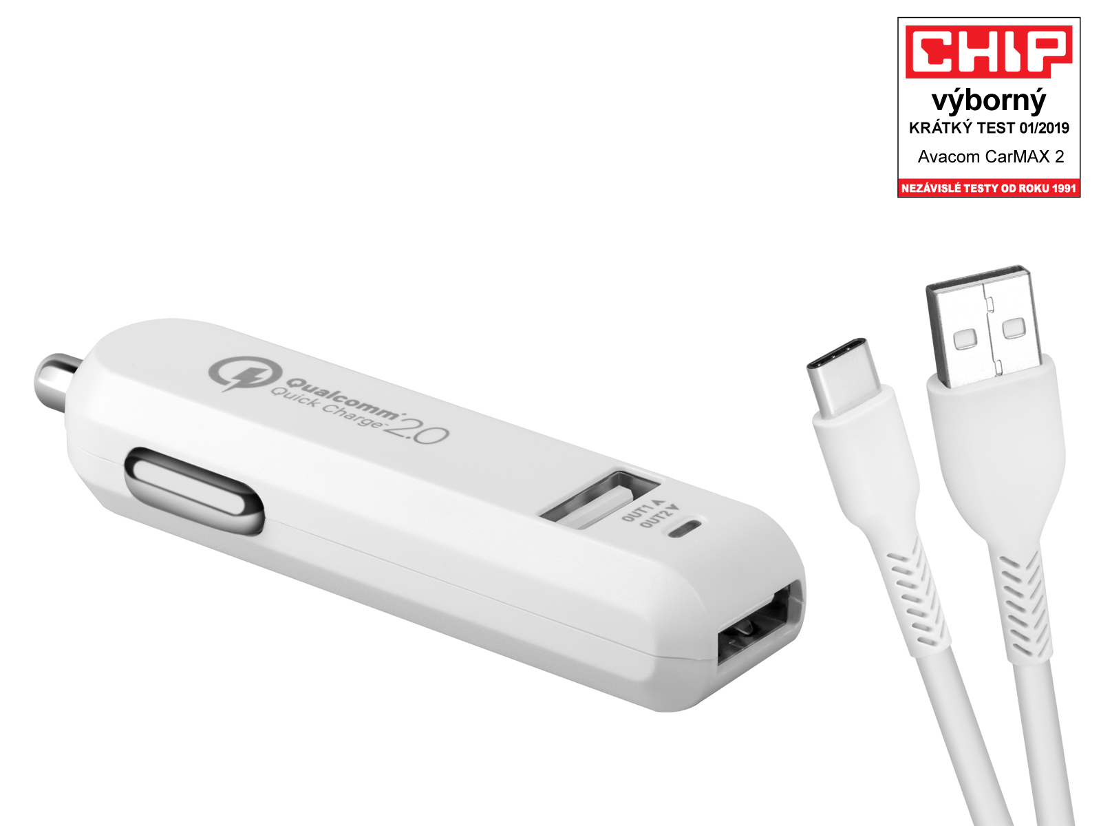 AVACOM CarMAX 2 nabíjačka do auta 2x Qualcomm Quick Charge 2.0, biela (kábel USB-C)