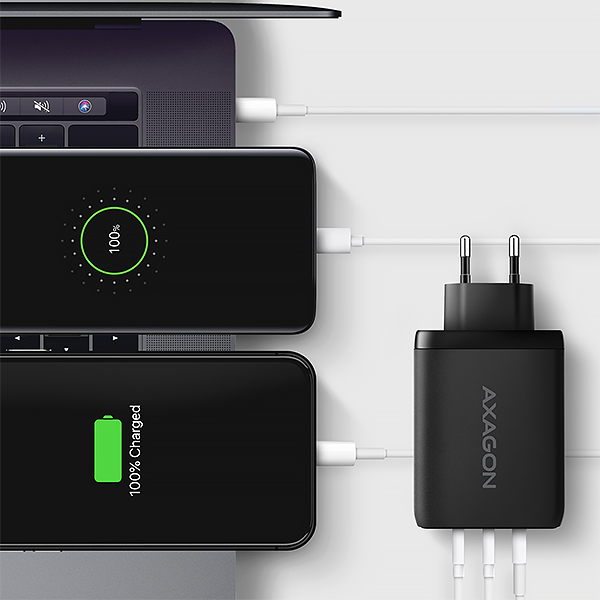 AXAGON ACU-DPQ100, sieťová nabíjačka GaN 100 W, 3x port (USB-A + dvojitý USB-C), PD3.0/PPS/QC4+/Apple