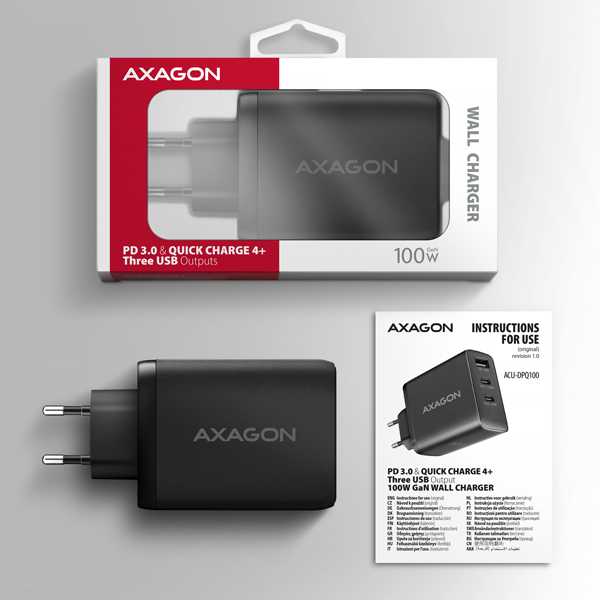 AXAGON ACU-DPQ100, sieťová nabíjačka GaN 100 W, 3x port (USB-A + dvojitý USB-C), PD3.0/PPS/QC4+/Apple
