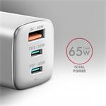 AXAGON ACU-DPQ65W, sieťová nabíjačka GaN 65 W, 3x port (USB-A + dvojitý USB-C), PD3.0/QC4+/PPS/Apple