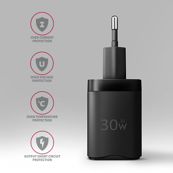 AXAGON ACU-PD30, sieťová nabíjačka 30 W, 1x port USB-C, PD3.0/PPS/QC4+/SFC/AFC/Apple, čierna