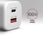 AXAGON ACU-PQ100W, GaN sieťová nabíjačka 100 W, USB-A + USB-C, PD3.0/PPS/QC4+/SFC2.0/Apple, biela