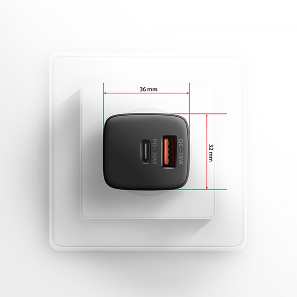 AXAGON ACU-PQ20 nabíječka do sítě 20W, 2x port (USB-A + USB-C), PD3.0/PPS/QC4+/AFC/Apple, černá