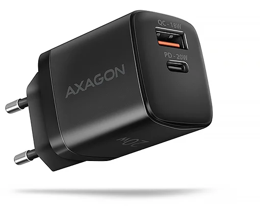 AXAGON ACU-PQ20 nabíječka do sítě 20W, 2x port (USB-A + USB-C), PD3.0/PPS/QC4+/AFC/Apple, černá