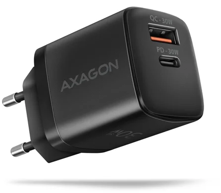 AXAGON ACU-PQ30 Sil nabíječka do sítě 30W, 2x port (USB-A + USB-C), PD3.0/PPS/QC4+/AFC/Apple, černá