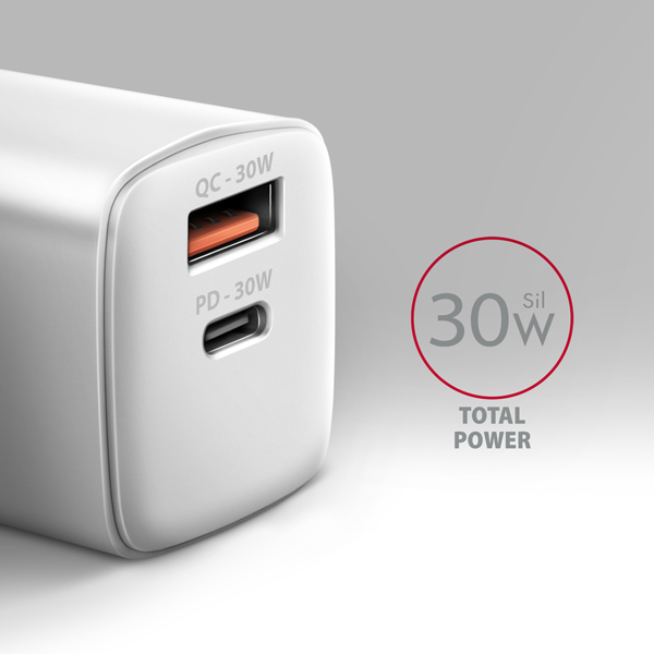 AXAGON ACU-PQ30W, napájacia nabíjačka 30 W, 2x port (USB-A + USB-C), PD3.0/PPS/QC4+/SFC/AFC/Apple, biela