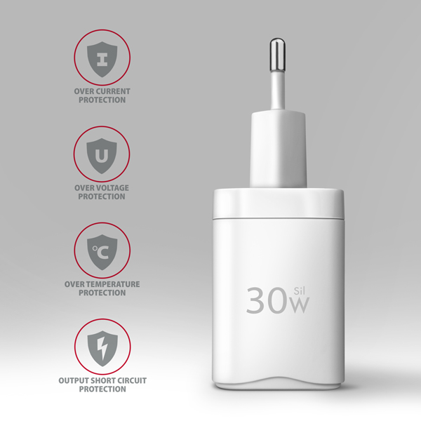 AXAGON ACU-PQ30W, napájacia nabíjačka 30 W, 2x port (USB-A + USB-C), PD3.0/PPS/QC4+/SFC/AFC/Apple, biela