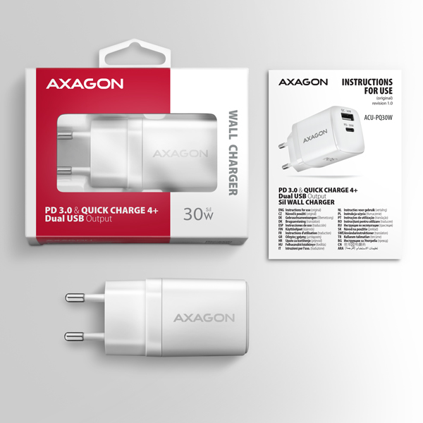 AXAGON ACU-PQ30W, napájacia nabíjačka 30 W, 2x port (USB-A + USB-C), PD3.0/PPS/QC4+/SFC/AFC/Apple, biela