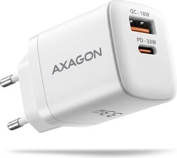 AXAGON ACU-PQ33W, GaN sieťová nabíjačka 33 W, USB-A + USB-C, biela