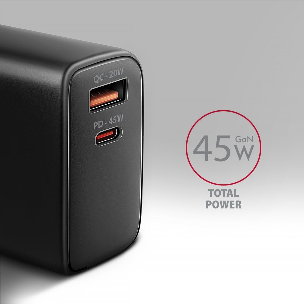 AXAGON ACU-PQ45 GaN sieťová nabíjačka 45 W, 2x port (USB-A + USB-C), PD3.0/PPS/QC4+/SFC 2.0/AFC/Apple