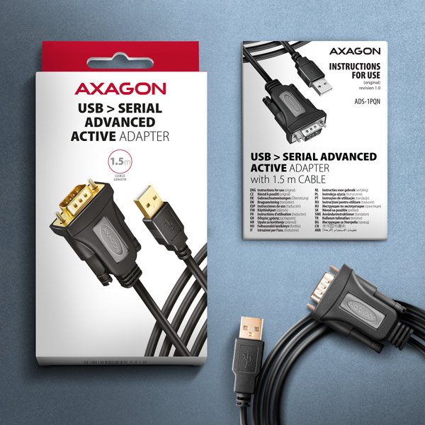 AXAGON ADS-1PQN, USB-A 2.0 na sériový RS-232 DB9-M FTDI adaptér / kábel 1,5 m