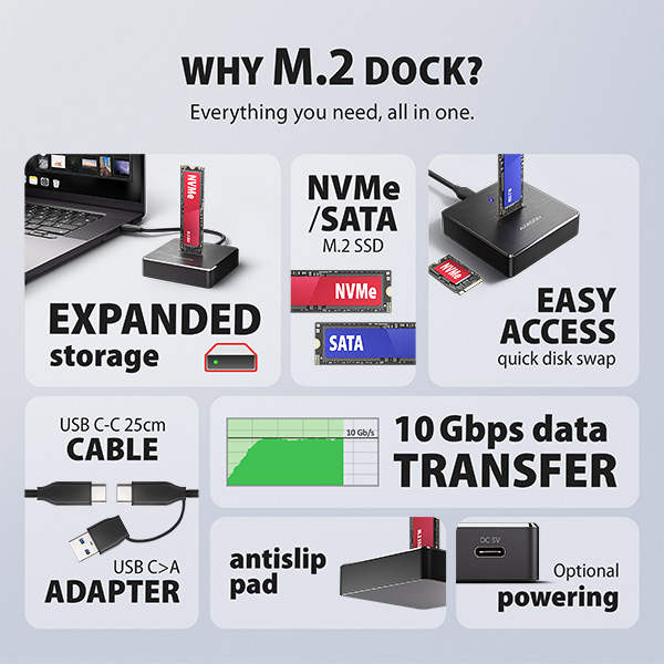 AXAGON ADSA-M2C11, dokovacia stanica USB-C s rýchlosťou 10 Gb/s pre 1× SSD M.2 NVMe/SATA