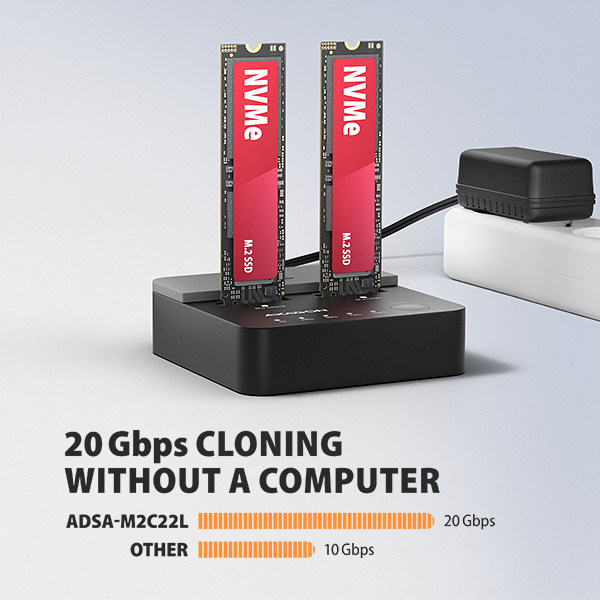 AXAGON ADSA-M2C22L, dokovacia stanica USB-C s rýchlosťou 20 Gb/s pre 2× SSD M.2 NVMe s funkciou klonovania