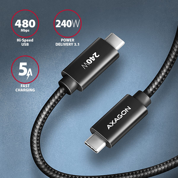 AXAGON BUCM2-CM15AB, CHARGE kábel USB-C <-> USB-C, 1,5 m, Hi-Speed USB, PD 240W 5A, ALU, opletenie, čierny