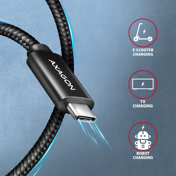 AXAGON BUCM2-CM15AB, CHARGE kabel USB-C <-> USB-C, 1.5m, Hi-Speed USB, PD 240W 5A, ALU, oplet, černý
